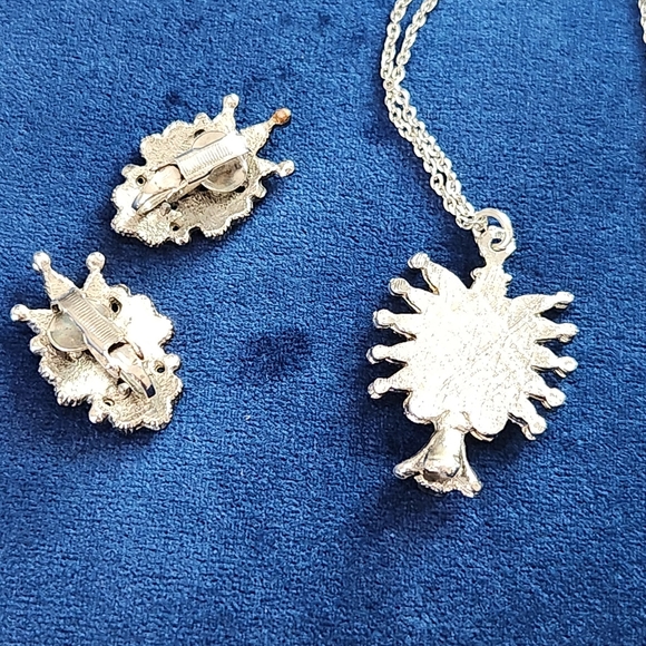 Vintage 90s Faux Turquoise Squash Blossom Silver Necklace Clip On Earrings Set - Picture 5 of 6